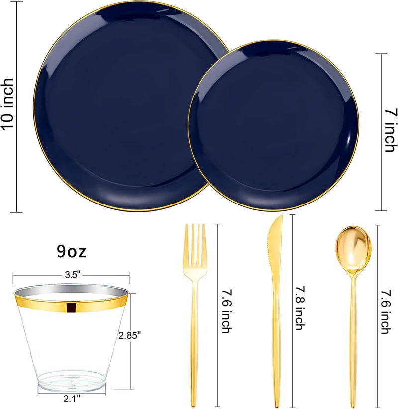 bUCLA 150PCS Blue and Gold Plastic Plates - 25 Guests Navy Blue Plastic Dinnerware Disposable for Party and Hanukkah - Include 25 Dinner/Dessert Plates, 25 Knives, 25 Forks, 25 Spoons, 25 Cups - Image 2